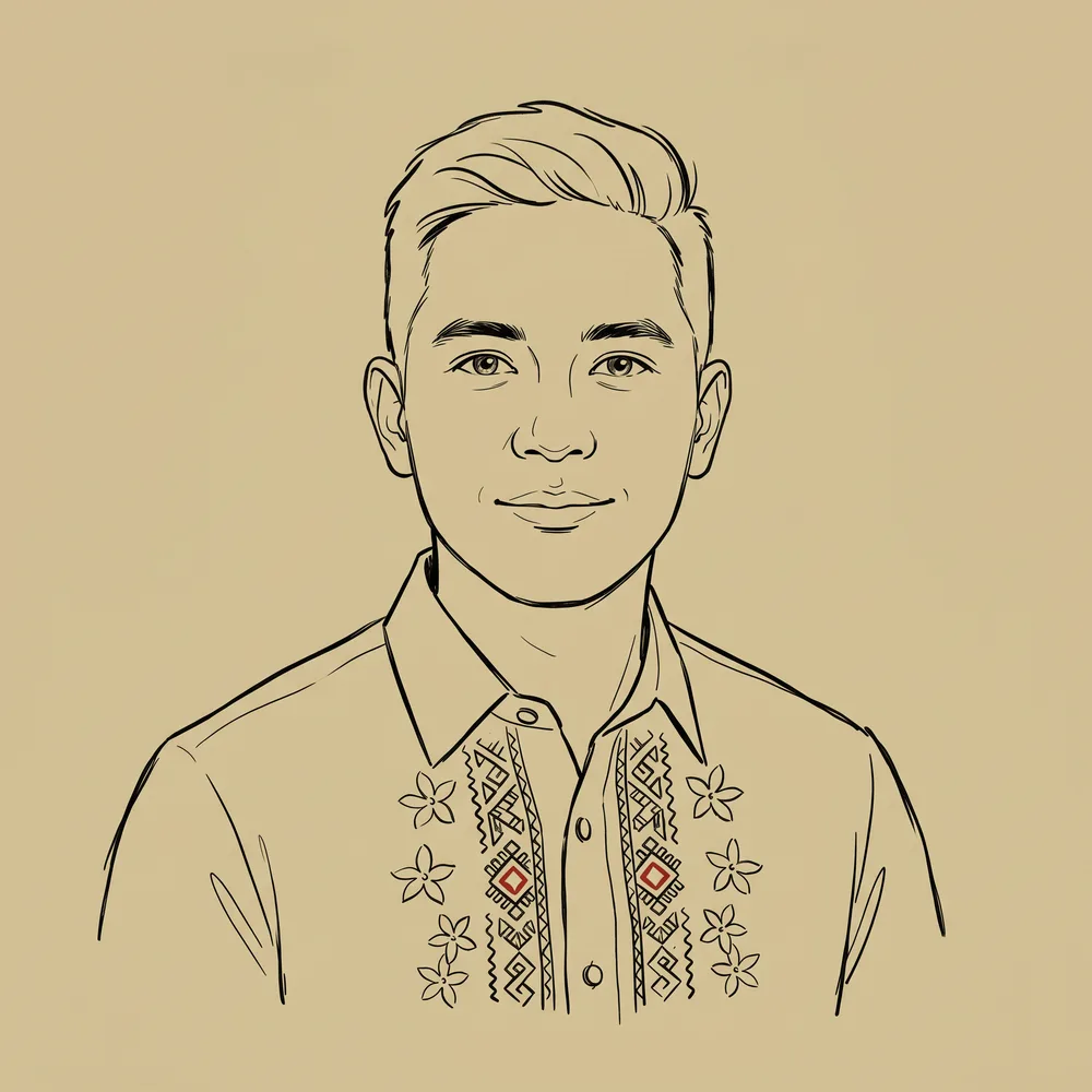 Editorial line illustration of a man with glasses, calm composed gaze, on a warm sand ground.