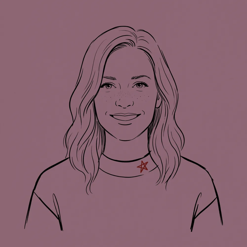 Editorial line illustration of a woman with shoulder-length hair, calm composed gaze, on a mauve ground.