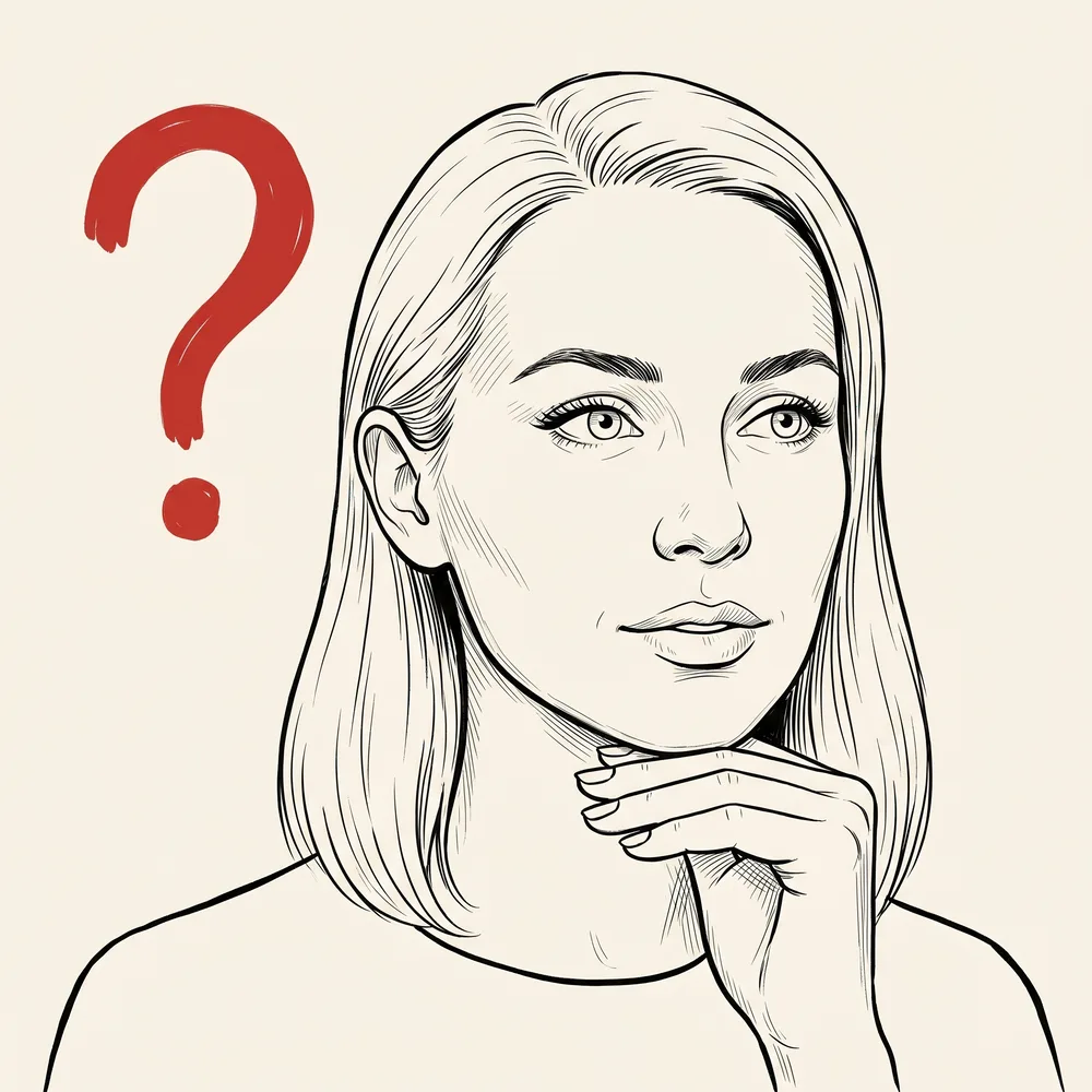 Editorial line illustration of a person in thinking pose with a hand-drawn red question mark beside them.