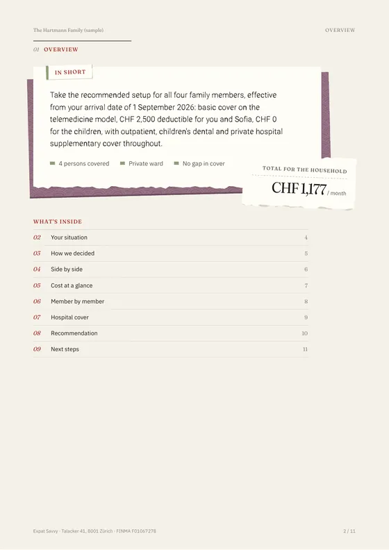 Page two of the sample report: In short (page 2 of 11)