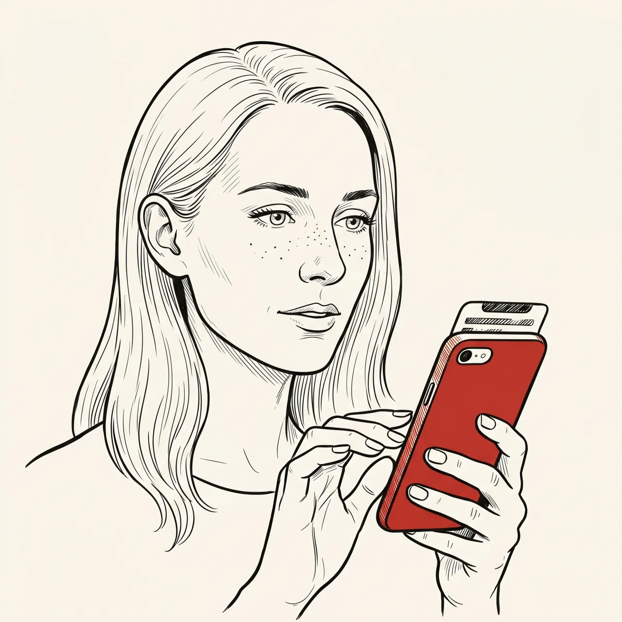 Illustrated portrait of a young woman holding a red phone, considering whether to book her first Swiss insurance review.